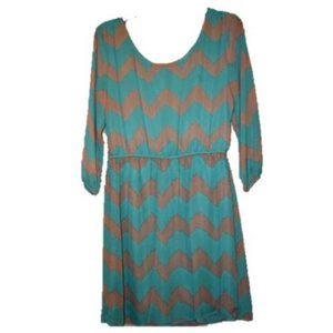 As U Wish Green Tan Chevron Quarter Length Dress